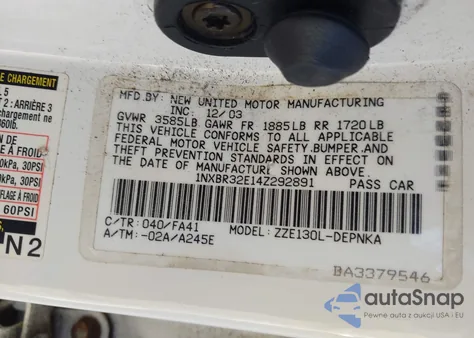 2004 Toyota Corolla Le z USA, uszkodzony, nr VIN 1NXBR32E14Z292891